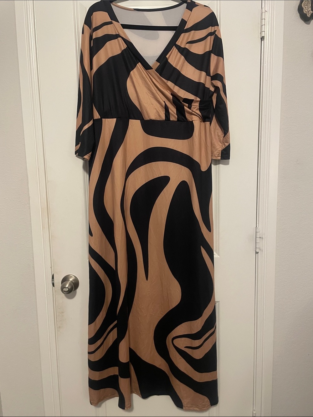 Black & Tan Abstract Faux-Wrap Maxi Dress